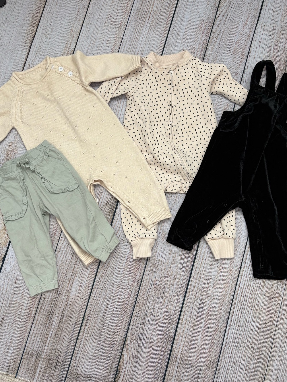 Neutral Knit Romper, H&M Polka Zip Sleeper & Black Velvet Overalls 9m